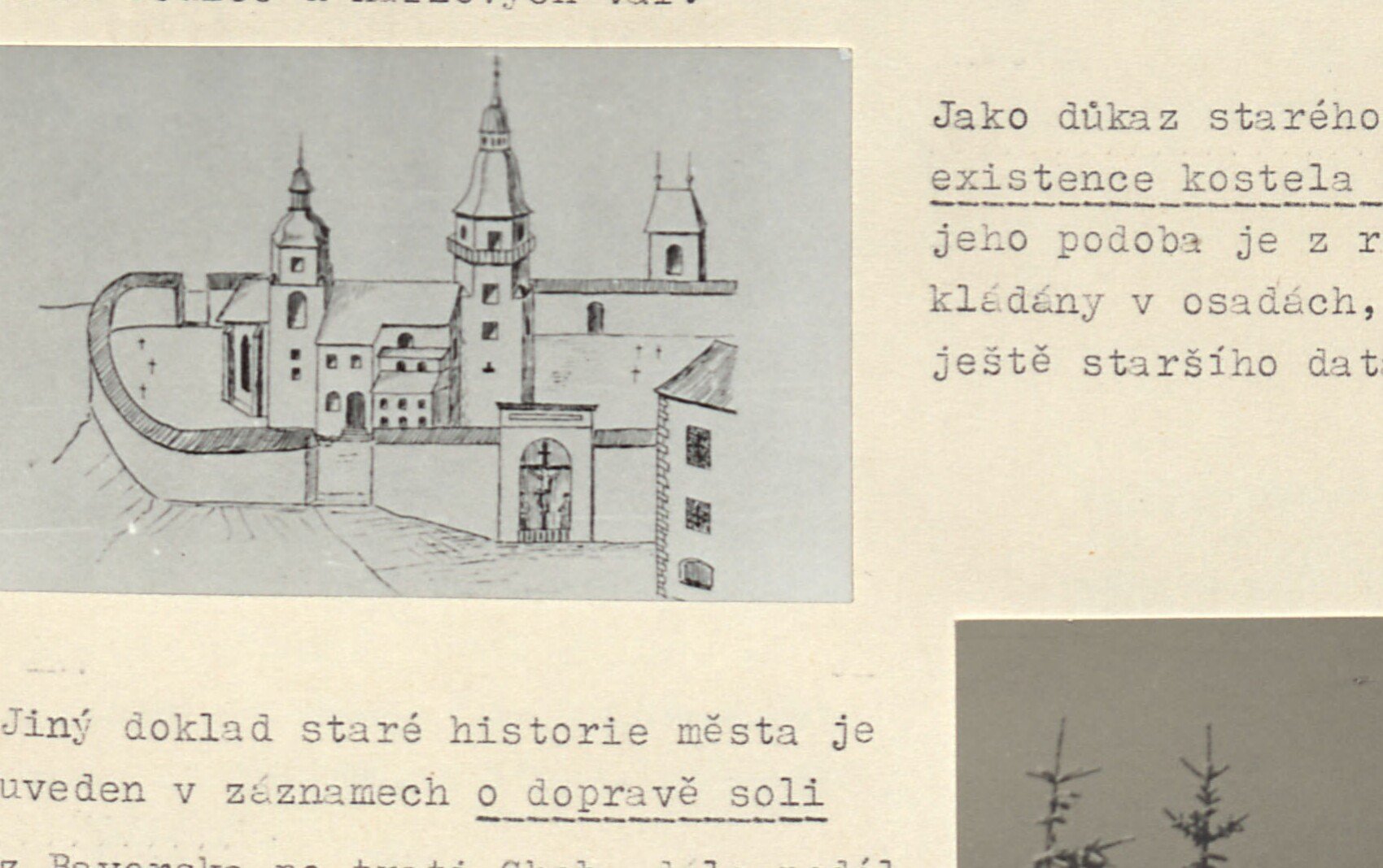 Perokresba siluety města s kostelem a hradbami – stará podoba Horního Slavkova (kostel sv. Jiří, podoba z roku 1520).