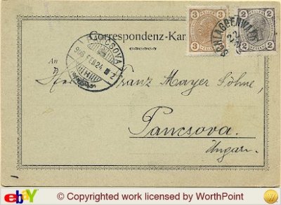 Rakouská korespondenční lístek (Correspondenz-Karte) odeslaný ze Schlaggenwaldu (Horní Slavkov) adresátovi „Franz Mayer Söhne, Pancsova, Ungarn". Na líci dva poštovní známky (2 a 2/3 krejcary) s razítkem „SCHLAGGENWALD". Název souboru („pošta 10") pouze čísluje snímek a k dataci nic neříká. Text na snímku: „Correspondenz-Karte / An Herrn Franz Mayer Söhne, Pancsova, Ungarn."