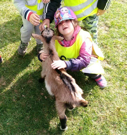 Dítě u kozy při Dni dětí s hasiči (Slavkovský zpravodaj, 7/2019)