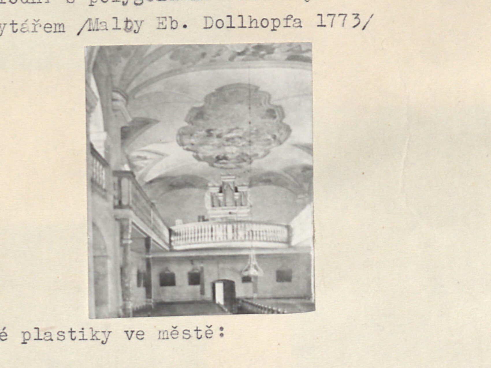 Špitální kostel — malovaný klenbový strop presbytáře (malby Eb. Dollhopfa 1773)