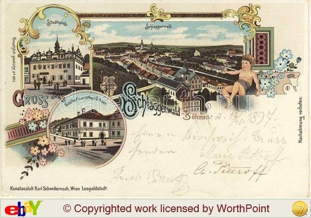 Kolorovaná litografická pohlednice „Gruss aus Schlaggenwald" (Pozdrav ze Slavkova, Čechy) se secesním ornamentálním rámem a pěti výjevy: „Stadthaus" (radnice), celkový panoramatický pohled na město s nápisem „Schlaggenwald", a hostinec s nápisem „Gasthof zum rothen Ochsen" (U Červeného vola). V dolní části tiskem „Kunstanstalt Karl Schwidernoch, Wien Leopoldstadt" (vydavatel pohlednice) a při okraji „Nachahmung verboten" (napodobování zakázáno). Na líci ručně psaný pozdrav a datum odeslání „13/10 1897" a nečitelný podpis odesílatele. Název souboru „pošta 11" pravděpodobně jen pořadové číslo z nálezcovy sbírky pohlednic, bez vztahu k obsahu snímku.
