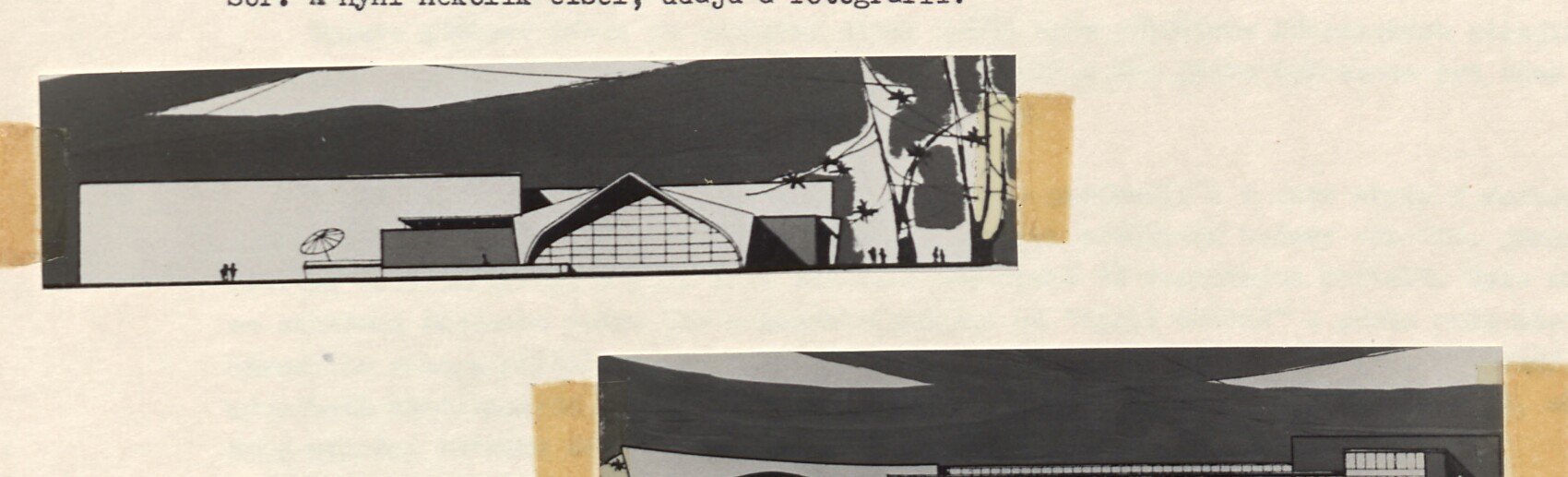 Architektonický návrh / perspektiva moderní stavby sportovního areálu (SÚP) – horní snímek