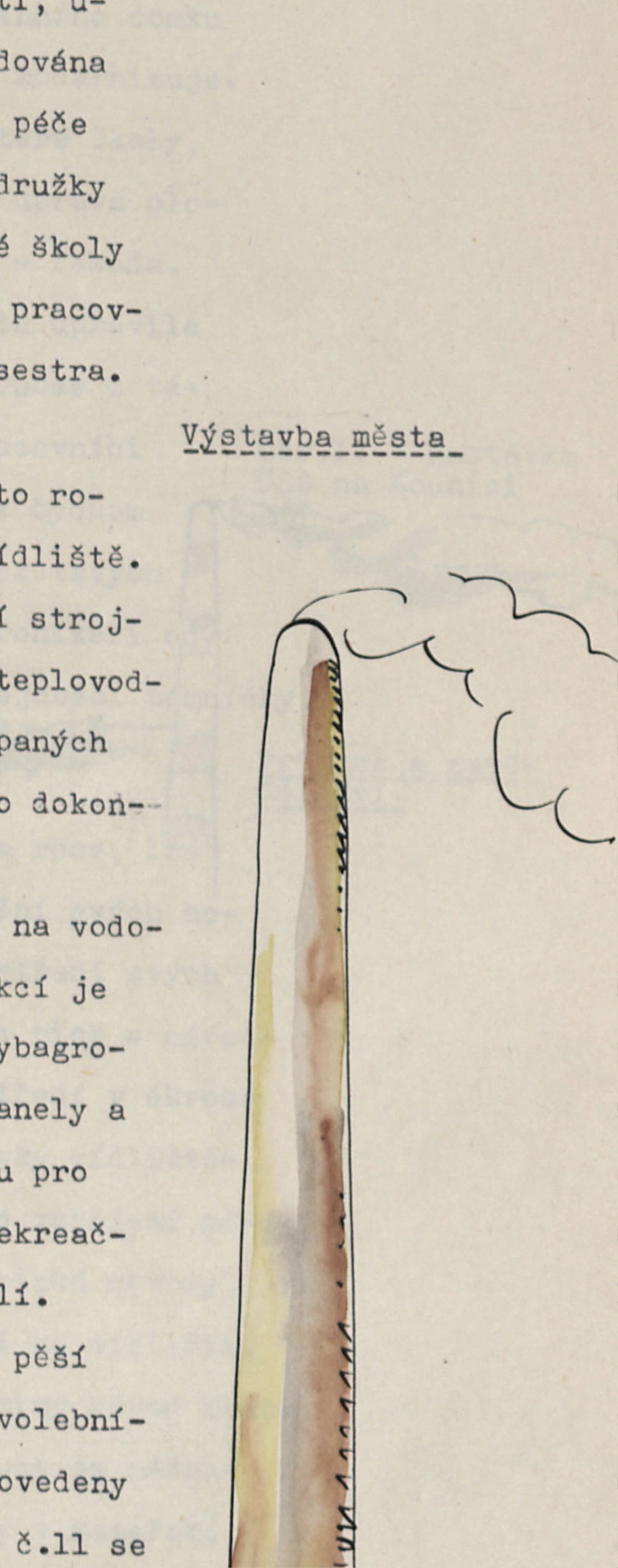 Ručně kreslená ilustrace vysokého továrního komínu (kolorovaná) u nadpisu oddílu "Výstavba města". Jde o kresbu kronikáře, nikoli o fotografii.
