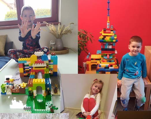 Děti při distanční výuce se stavebnicemi – koláž fotografií (Slavkovský zpravodaj, 4/2021)