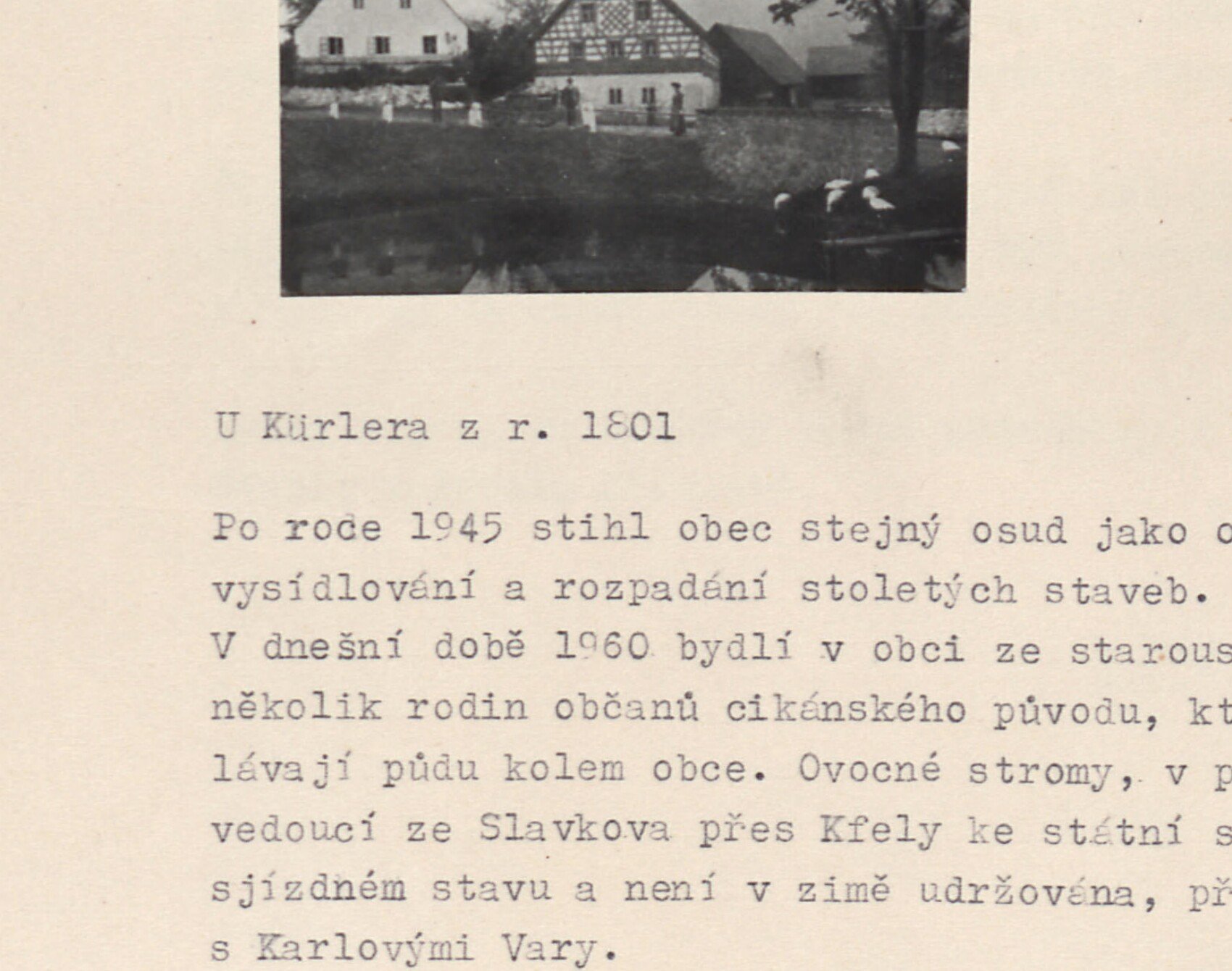 U Kürlera z r. 1801 - venkovské hrazděné stavení (statek) se stromy a postavou u potoka