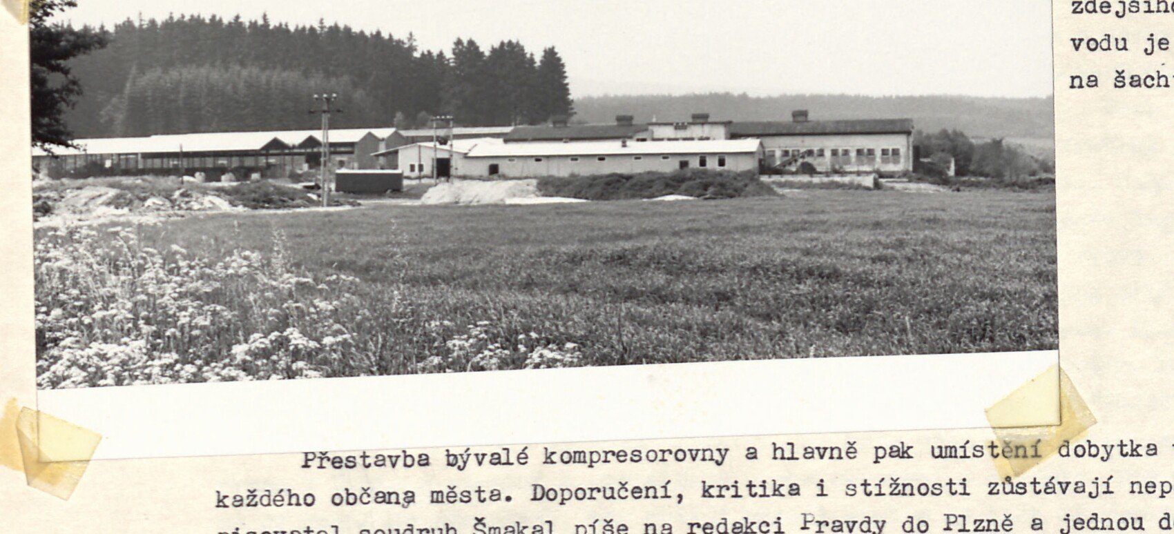 Černobílá fotografie: zemědělská krajina s dlouhými nízkými budovami nového kravína na šachtě 11, v popředí louka, v pozadí les. K popisce "Ostudou v krajském měřítku... je výstavba kravína na šachtě 11."