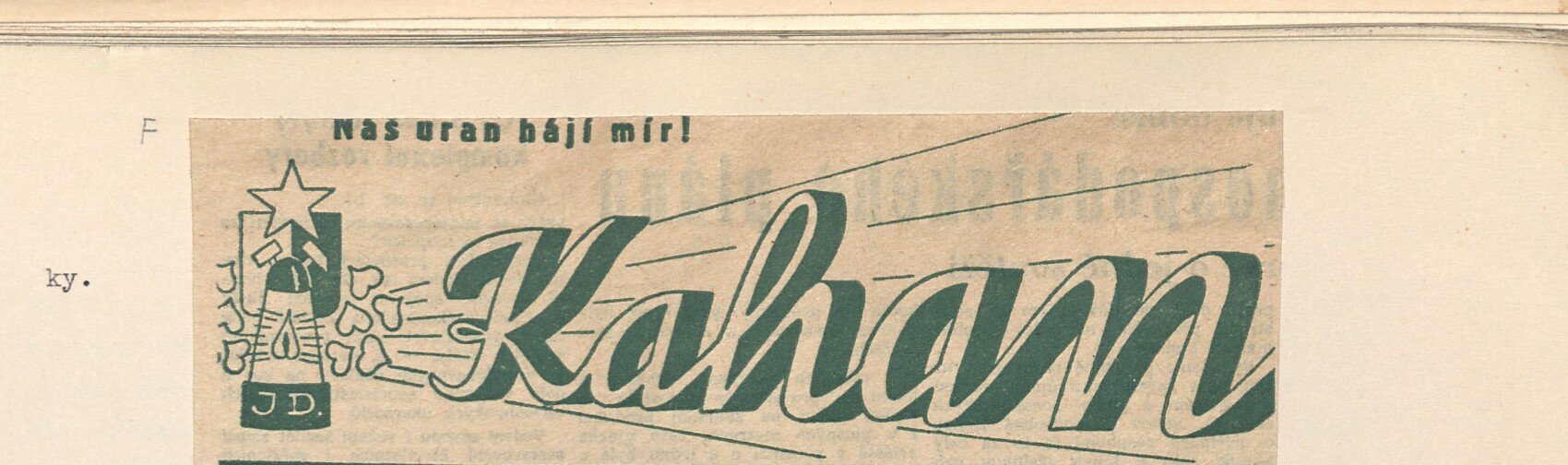 Záhlaví (masthead) závodního časopisu "Kahan" Jáchymovských dolů s heslem "Náš uran hájí mír!", hvězdou a symbolem JD. Datace: Horní Slavkov 18. března 1959.