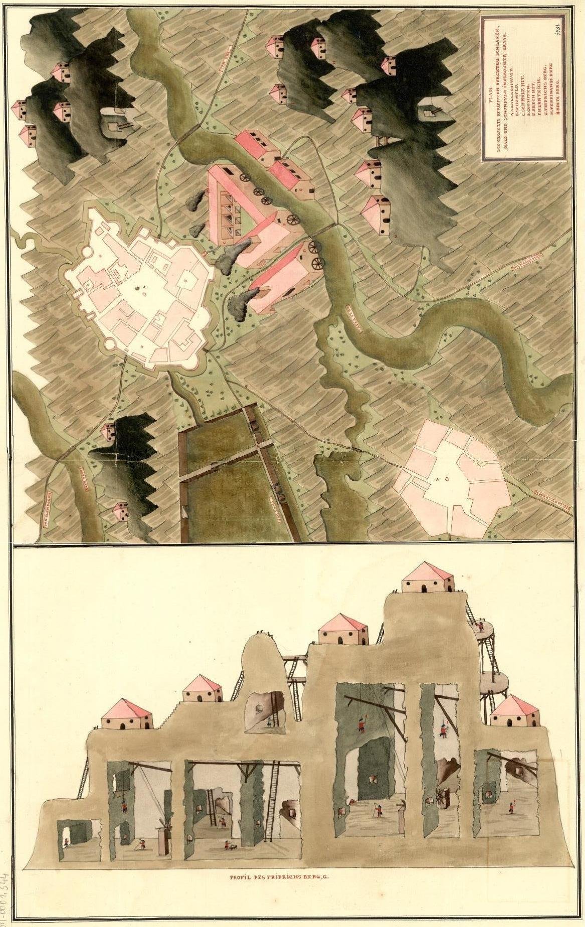 Reprodukce (fotografie/sken) barevně kolorovaného rukopisného plánu dolů u Horního Slavkova a Krásna (Schlaggenwald a Schönfeld) v Loketském kraji („Elbogner Kreis") od autora Geiera. Horní část je půdorysný plán s vyznačenými štolami, budovami, cestami a řekou, s legendou v rámečku (body A–H) a letopočtem v pravém horním rohu. Dolní část je řezový profil dolu „Fridrichs Berg" se štolami, patry a horníky při práci. Text na snímku: „PLAN DES GROSSEN BERIEHMTEN BERGWERG SCHLAKENWALD UND SCHÖNFELD IN ELBOGNER CREIS." — legenda: A. Schlackenwald. B. Schönfeld. C. Schmölz Hitt. D. Wehrhauß. E. Herrnteich. F. G. Friedrichs Berg. H. Ferdinandi Berg. — v pravém horním rohu letopočet „1751". Pod profilem nápis „PROFIL DES FRIDRICHS BERG. G."