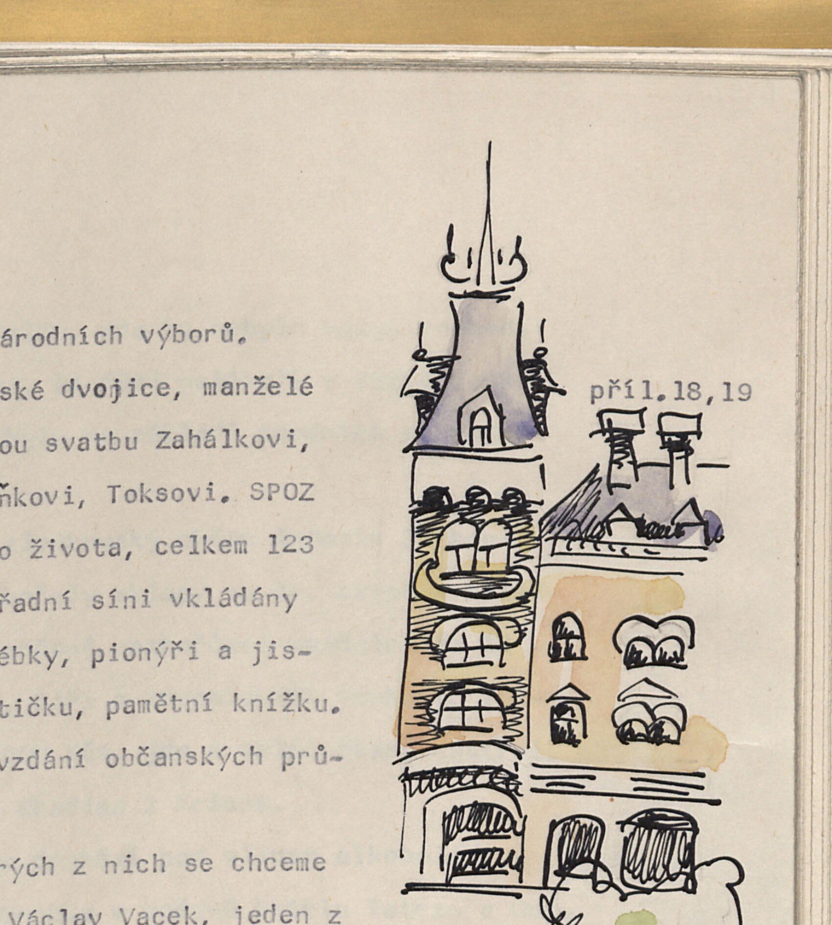 Pravá strana nahoře – barevná perokresba historické gotické věže / kostelní věže (městská dominanta Horního Slavkova) s detaily okenních arkýřů.