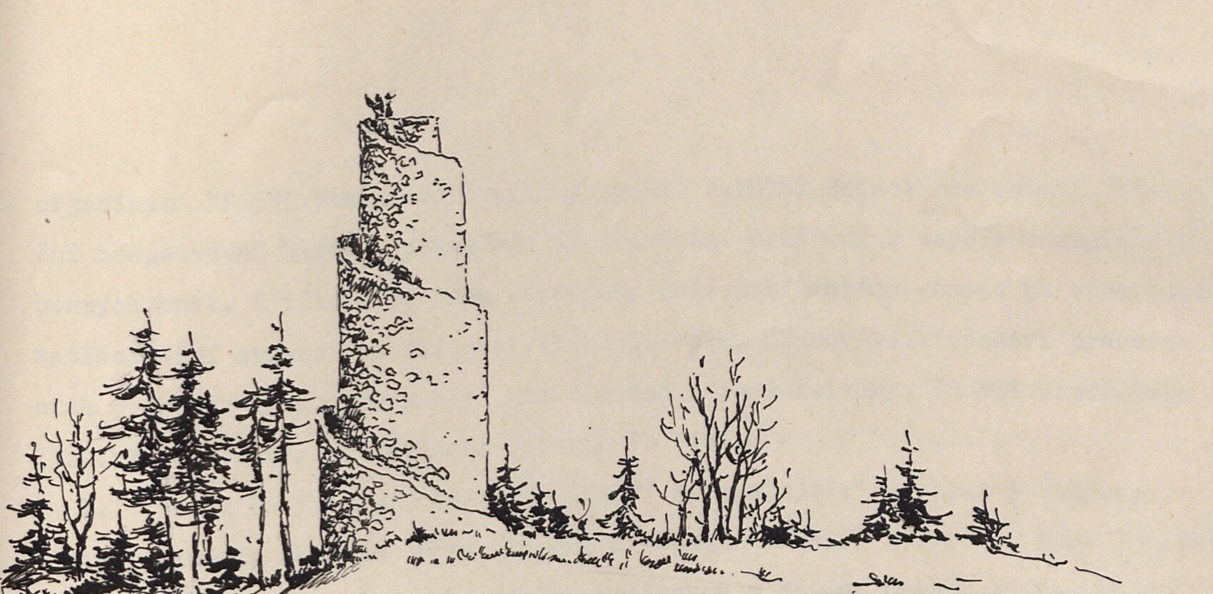 Perokresba (tuš) zříceniny hradní věže na zalesněném kopci, dole skupiny smrků a holých keřů; ilustrace v záhlaví zápisu roku 1979