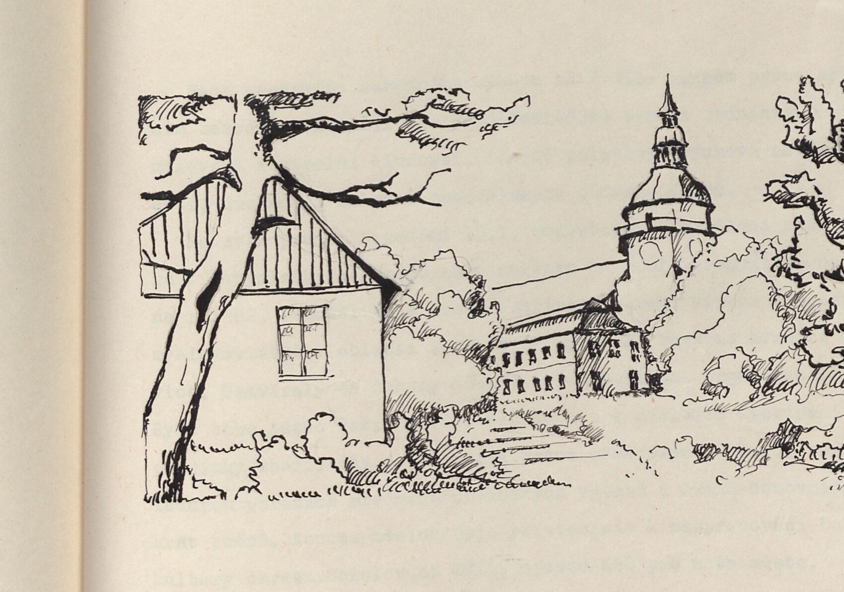 Perokresba (kresba tuší) Horního Slavkova – pohled na věž kostela / zámek mezi stromy, s domem se sedlovou střechou vpravo. Záhlaví kapitoly roku 1982; kresbu provedla Helena Lá[?]nová.