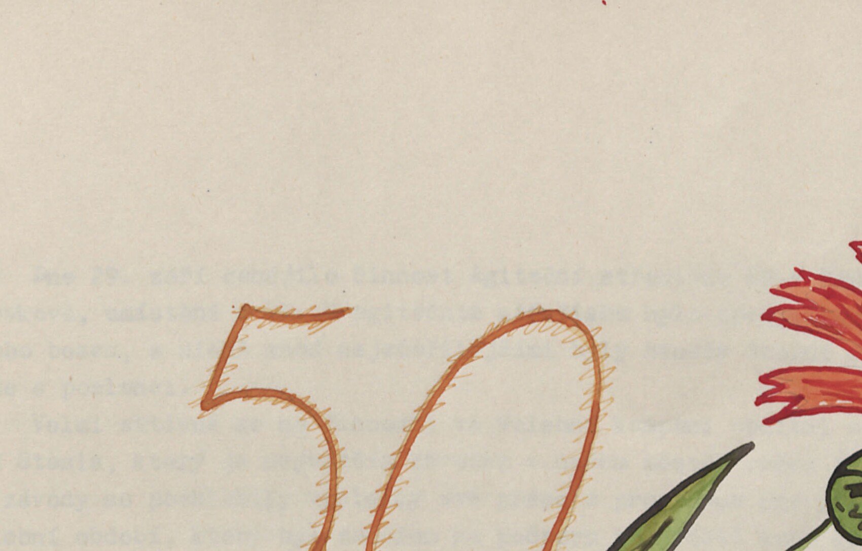 Ručně kreslená barevná výzdoba úvodní strany roku 1971: velké rezavě oranžové číslo „50“ (k 50. výročí založení KSČ) a červený karafiát na stonku s listy.