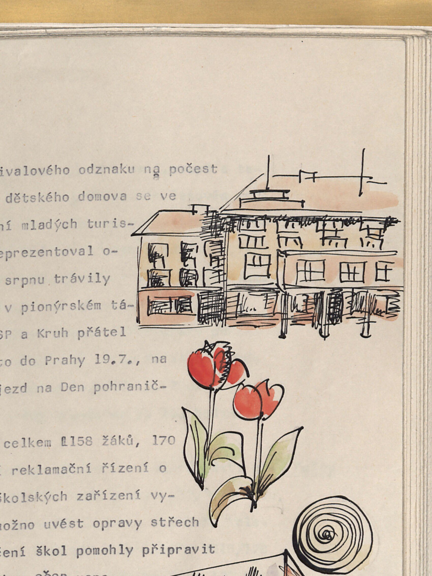 Pravá strana nahoře – barevná perokresba moderních panelových/obytných domů (sídliště) s rozkvetlými červenými tulipány v popředí.