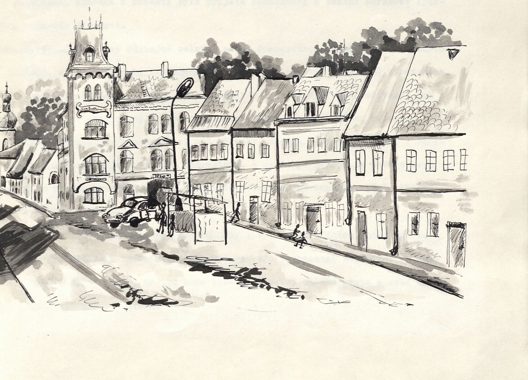 Perokresba (Daniela Zajíčková) — pohled do staré uličky Horního Slavkova s historickou zástavbou, věží a zaparkovaným automobilem; ilustrace k záhlaví roku 1984.