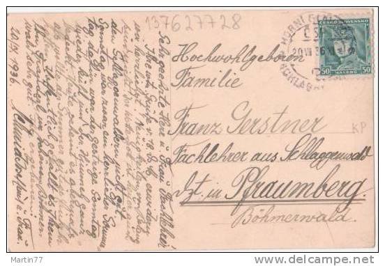 Rubová (adresní) strana dobové pohlednice. Adresováno rodině Franze Gerstnera, učitele („Fachlehrer") ze Schlaggenwaldu (Horního Slavkova), tehdy pobývajícího v Prášilech (Praumberg, Böhmerwald/Šumava). Nalepena československá poštovní známka v hodnotě 50 haléřů, poštovní razítko čitelně uvádí „HORNÍ SLAVKOV / ČS... 20.VII.36". Levou polovinu vyplňuje rukopisný dopis v němčině (kurentní písmo), z větší části nečitelný.
Text na snímku: Hochwohlgeboren Familie Franz Gerstner, Fachlehrer aus Schlaggenwalt, izt in Praumberg, Böhmerwald. [dopisní text vlevo: nečitelné]